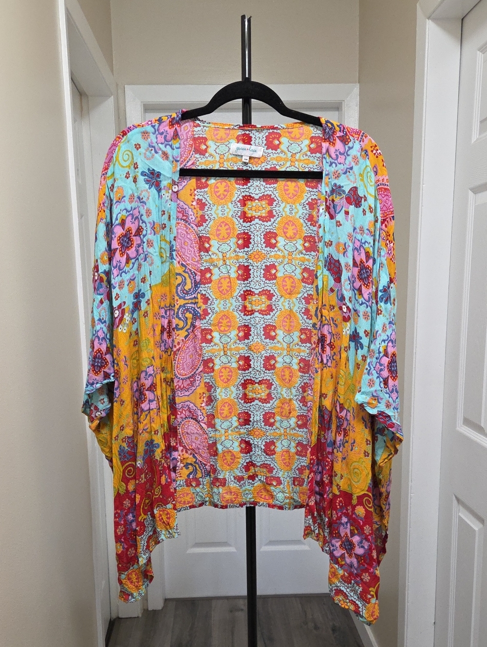 Grace & Lace Multicolor Floral Paisley Kimono - Blue, Yellow, Pink, Red